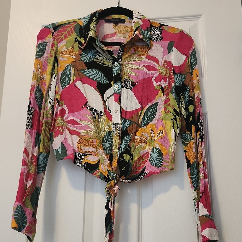 Cropped Resortwear Floral Tie-Front Blouse - Tropical